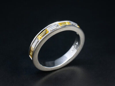 Ladies Lab Grown Diamond Wedding Ring, Platinum Channel Set Design, Baguette Cut Lab Grown Diamonds 0.38ct Total (3), Baguette Cut Yellow Sapphires 0.62ct Total (4), 4mm Width