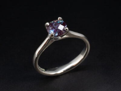 Ladies Solitaire Alexandrite Ring, Platinum 4 Claw Set Design with Gradual Tapering, Round Cut Alexandrite 1.03ct