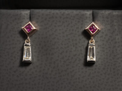 9kt Rose and White Gold Diamond and Ruby Earrings, Rub over Set Drop Design, Square Cut Rubies and Tapered Baguette Cut Lab Grown Diamonds