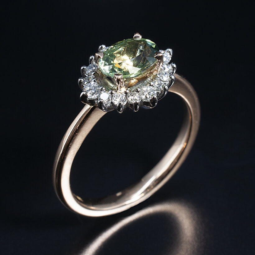 Green Sapphire and Diamond Halo Dress Ring in Rose Gold and Platinum Size M