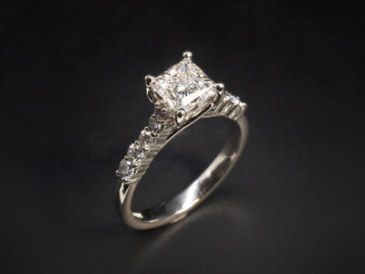 Ladies Diamond Engagement Ring, Platinum Claw Set Design with Graduating Shoulder, Princess Cut Lab Grown Diamond 1.09ct, Round Brilliant Cut Diamonds 0.17ct total (10)
