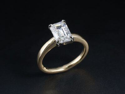 Ladies Diamond Solitaire Engagement Ring, Platinum and 18kt Yellow Gold 4 Claw Set Design, Emerald Cut Diamond 1.50ct
