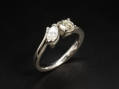 Ladies Diamond Twist Dress Ring, Platinum Claw Set Asymmetrical Design, Round Brilliant Cut Diamond 0.50ct and Marquise Cut Diamond 0.30ct