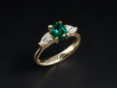 Ladies Emerald and Diamond Trilogy Engagement Ring, 8kt Yellow Gold Claw Set Tapered Design, Oval Cut Hydro-Synthetic Emerald Approx 0.68ct and Pear Shaped Lab Grown Diamonds