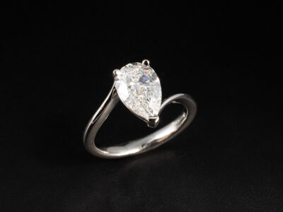 Ladies Lab Grown Diamond Solitaire Engagement Ring, Platinum Tapered Claw Set Twist Design, Pear Cut Lab Grown Diamond 1.49ct