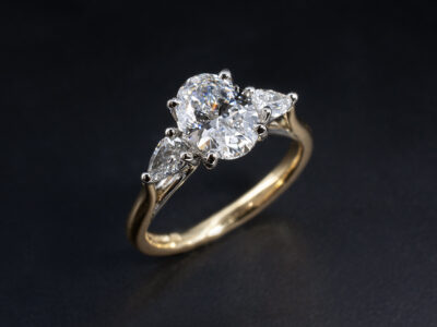 Ladies Lab Grown Diamond Trilogy Engagement Ring, Platinum Claw Set Lattice Design, Oval Cut Lab Grown Diamond 1.06ct, Pear Shaped Lab Grown Diamonds 0.40ct Total (2)