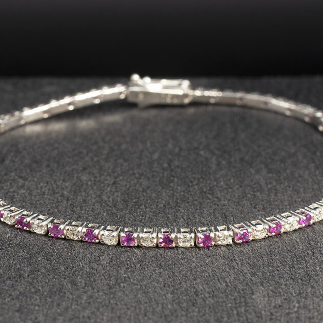 Pink Sapphire and Diamond Tennis Bracelet in 18kt White Gold