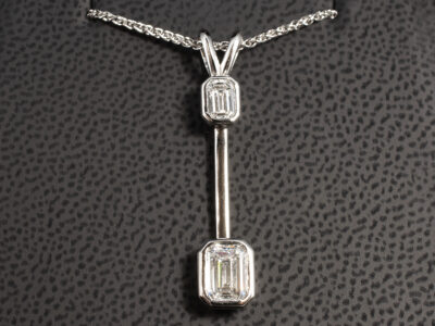 Platinum Diamond Drop Pendant, Rub over Set Design with Split Bale Detail, Emerald Cut Diamond 0.32ct, Emerald Cut Lab Grown Diamond 1.06ct