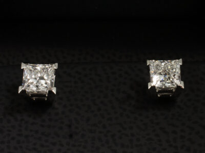 Platinum Diamond Stud Earrings, 4 Claw Basket Set Design, Princess Cut Diamonds 0.70ct, 0.71ct