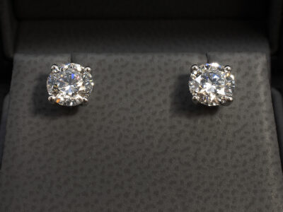 Platinum Diamond Stud Earrings, 4 Claw Set Design, Round Brilliant Cut Lab Grown Diamond 1.07ct, Round Brilliant Cut Lab Grown Diamond 1.08ct