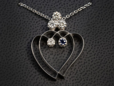 Platinum Luckenbooth Heart Diamond Pendant, Claw and Channel Set Design with Bar Details, Diamonds and Sapphire