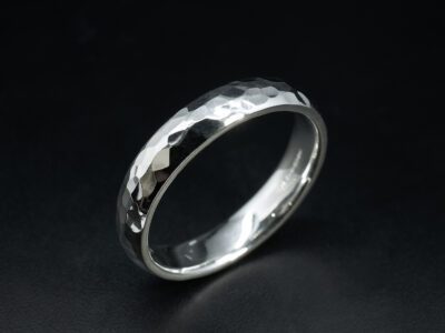 Gents Court Shaped Wedding Band, 9kt White Gold Design, Hammered Texture Finish