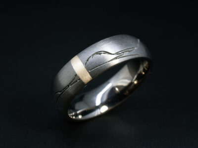 Gents Scottish Landscape Bespoke Wedding Band, 9kt White Gold Court Shaped Design with 9kt Yellow Gold Insert, Buchaille Etive Mor Inscription