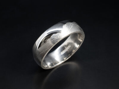 Gents Scottish Mountain Range Design Wedding Ring, Platinum Court Shaped Design, Sgulaird Mountain Range Engraved Detail