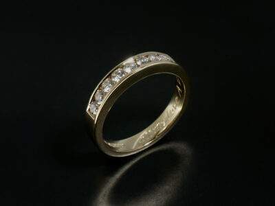 Ladies Diamond Wedding Band, 18kt Yellow Gold Channel Set Design, Inscription Detail