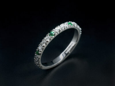 Ladies Diamond and Emerald Wedding Band, Platinum Claw Set Design, Round Brilliant Cut Diamonds and Round Cut Emeralds