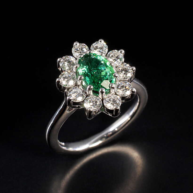Ladies Emerald and Diamond Halo Dress Ring, Platinum Claw Set Design, Round Brilliant Cut Diamonds 1.00ct Total (10), Oval Cut Emerald 0.95ct 8x6mm