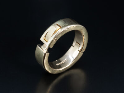 Gents Hinged Wedding Ring, 14kt Yellow Gold Flat Shaped Design, Rough Unfinished Texture, 7mm Width
