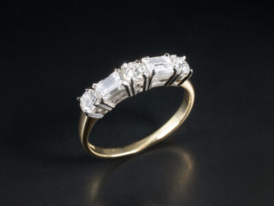 Ladies 5 Stone Diamond Engagement Ring, 18kt Yellow Gold and Platinum Set Design, Emerald Cut Diamonds 0.28ct, 0.30ct, Round Brilliant Cut Diamonds 0.45ct Total (3)