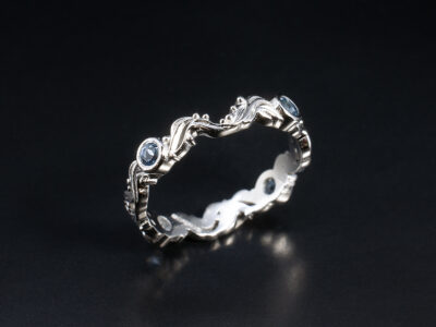 Ladies Aquamarine Wedding Ring, Platinum Rub over Set Swirl Design, Round Cut Aquamarine 0.24ct Total (4)