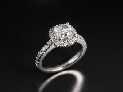 Ladies Diamond Halo Engagement Ring, Platinum Claw and Castle Set Design, Cushion Cut Diamond 1.20ct, Round Brilliant Cut Diamonds 0.35ct Total (30)
