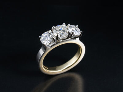 Ladies Diamond Trilogy Engagement Ring, Platinum and 18kt Yellow Gold Claw Set Trilogy Design, Round Brilliant Cut Diamonds 0.72ct, 0.50ct, 0.54ct