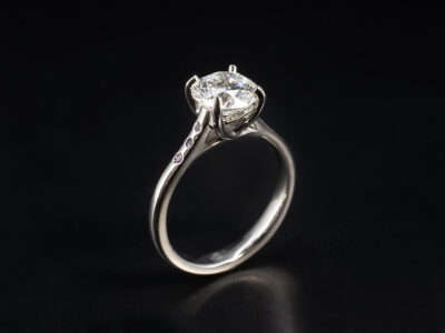 Ladies Lab Grown Diamond Engagement Ring, Platinum Claw Set Design with Secret Set Shoulder and Initial Detailing, Round Brilliant Cut Lab Grown Diamond 1.55ct, Round Brilliant Pink Sapphires 0.05ct Total (6)