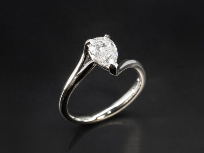 Ladies Lab Grown Diamond Solitaire Engagement Ring, Platinum 3 Claw Set Twist Design, Pear Cut Lab Grown Diamond 0.90ct