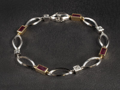 Ladies Platinum and 18kt Yellow Gold Bracelet, Rub over Set Design, Square Cut Carre Diamonds 0.94ct Total (4), Baguette Cut Rubies 1.94ct Total (4)