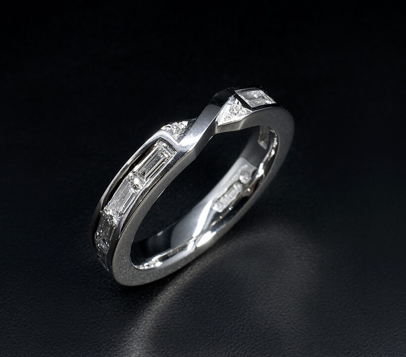 Ladies Diamond Twist Wedding Ring, Platinum Channel Set Design, Baguette Cut Lab Grown Diamonds approx 0.88ct Total (8), Round Brilliant Cut Lab Grown Diamonds approx 0.01ct Total (2)