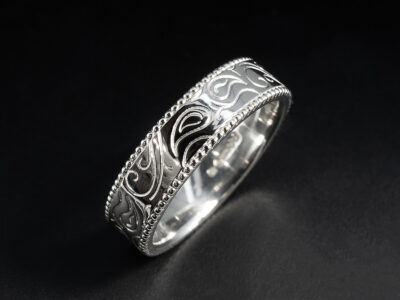 Gents Paisley Pattern Wedding Ring, Platinum 6mm Design, Paisley Pattern with Millgrain Detailing