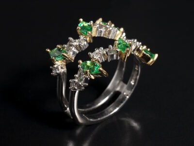 Ladies Mixed Stone Jacket Wedding Ring, Platinum and 18kt Yellow Gold Claw Set Design, Green Sapphires, Emeralds and Diamonds