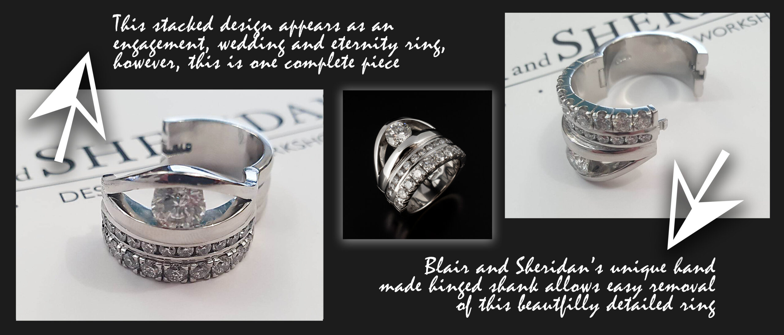 Blair and Sheridan hinged ring design incorporating an engagement, wedding and eternity rings into one piece