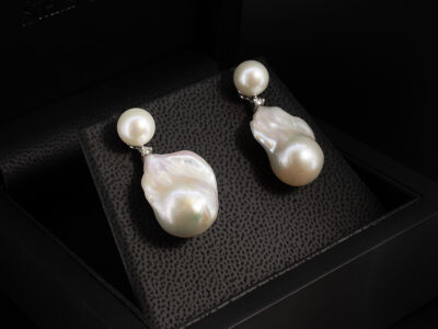Baroque Pearl and Diamond Drop Earrings, Platinum Claw Set Design, Round Cultured Pearls 8mm, Detachable Baroque Pearl Drops approx 21mm length, Round Brilliant Cut Lab Grown Diamond Detail