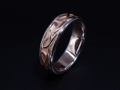 Gents Celtic Design Mixed Metal Wedding Band, 18kt Rose Gold and Platinum 7mm Width, Celtic Knotwork Detailing