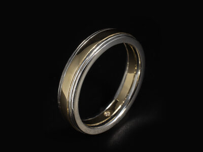 Gents Diamond and Mixed Metal Wedding Band, Platinum and 9kt Yellow Gold 5mm Width Design, Secret Set Round Brilliant Cut Diamond 0.01ct inside Inner Band