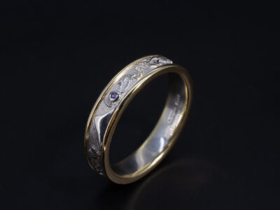 Gents Scottish Design Wedding Band, 9kt Yellow Gold and Platinum Design, Rub over Set Round Purple Sapphires 0.05ct (5), Mountain Range and Thistle Detailing