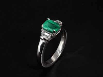 Ladies Diamond and Emerald Trilogy Dress Ring, Platinum Claw Set Design, Emerald Cut Emerald 0.84ct, Lab Grown Trapezium Diamonds 0.64ct (2)