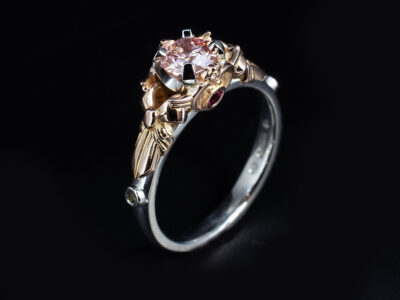 Ladies Pink Diamond Anime Design Engagement Ring, Platinum and 18kt Rose Gold Claw and Rub over Set Design, Round Brilliant Cut Lab Grown Diamond 0.61ct, Round Brilliant Cut Sapphire and Ruby 0.10ct (2), Round Brilliant Cut Yellow Sapphire and Emerald 0.25ct (2), Sailor Moon Anime Inspired Design