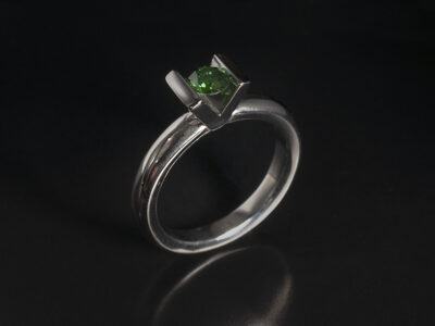 Ladies Solitaire Green Diamond Engagement Ring, Platinum Tension V Set Design, Round Brilliant Cut Green Diamond 0.44ct