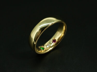 Gents Coloured Stone Wedding Band, 18kt Yellow Gold Domed Court Design, Round Cut Ruby, Emerald and Round Brilliant Cut Diamond 0.18ct (3), Polished Finish, 5mm Width