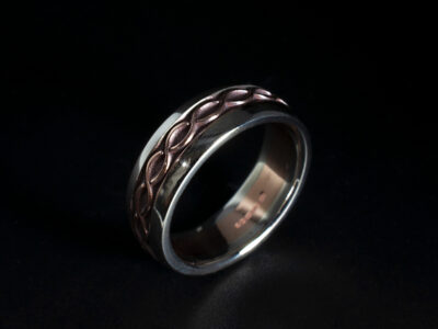 Gents Mixed Metal Celtic Wedding Ring, Platinum and 18kt Rose Gold Design, Celtic Pattern Inlay