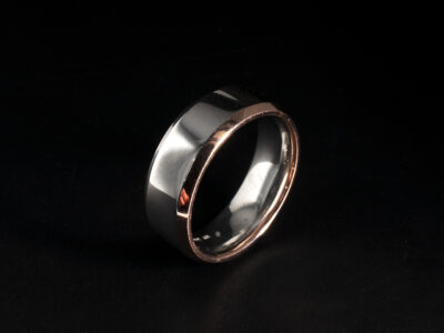 Gents Mixed Metal Wedding Ring, Platinum Design with 9kt Rose Gold Single Edge, 7mm Width