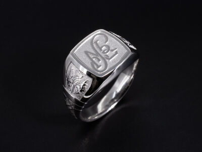 Gents Signet Design Wedding Ring, Platinum Monogrammed Signet Cushion Shape Signet Design, Helix Pattern Detailing on Band