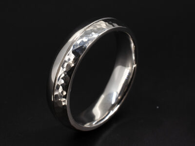 Gents Textured Wedding Ring, Platinum Court Shaped Design, Half Polished Half Hammered Finish, 5mm Width