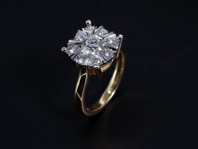 Ladies Cluster Diamond Engagement Ring, Platinum and 18kt Yellow Gold 4 Claw and Pavé Set Design, Round Brilliant Cut Lab Grown Diamond Halo