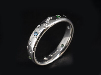 Ladies Coloured Diamond Bespoke Wedding Ring, Platinum Scatter Set Design, Round Brilliant Cut Diamonds 0.14ct (15), Round Brilliant Cut Green Diamonds 0.08ct (3), Round Brilliant Cut Blue Diamonds 0.08ct (3)