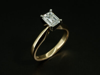 Ladies Diamond Solitaire Engagement Ring, 18kt Yellow Gold and Platinum Design, Emerald Cut Diamond 1.00ct