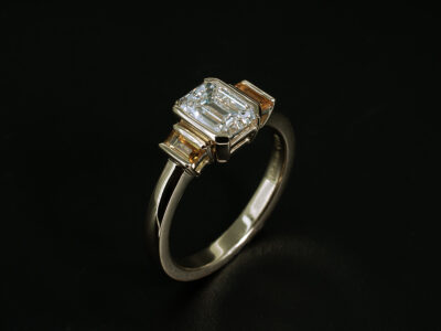 Ladies Diamond Trilogy Engagement Ring, 18kt Yellow Gold Part Rub over Set Design, Emerald Cut Diamonds 1.21ct, Baguette Cut Yellow Sapphires 0.27ct (2)