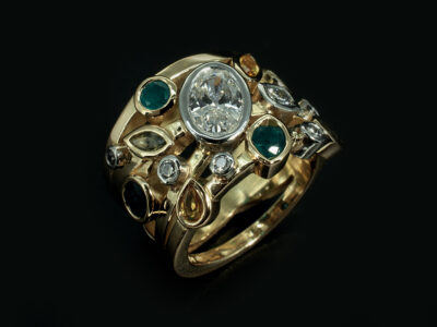Ladies Diamond and Coloured Stone Satellite Design Dress Ring, Platinum and 18kt Yellow Gold Rub over Set Design